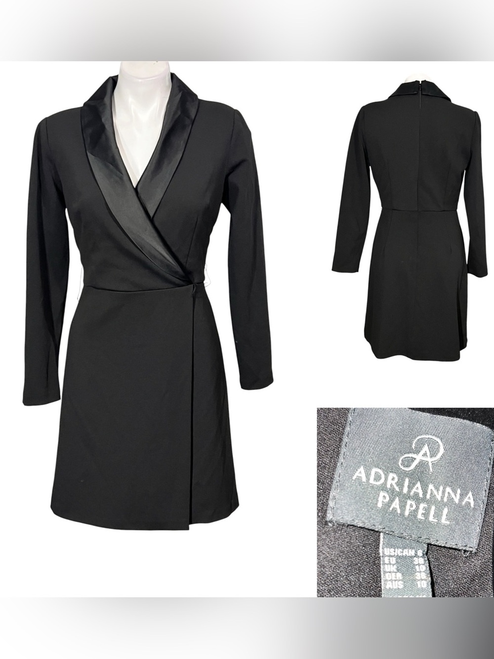 Adrianna Papell dress sz 6 Black Satin-Trim Faux Wrap tuxedo style office fall
